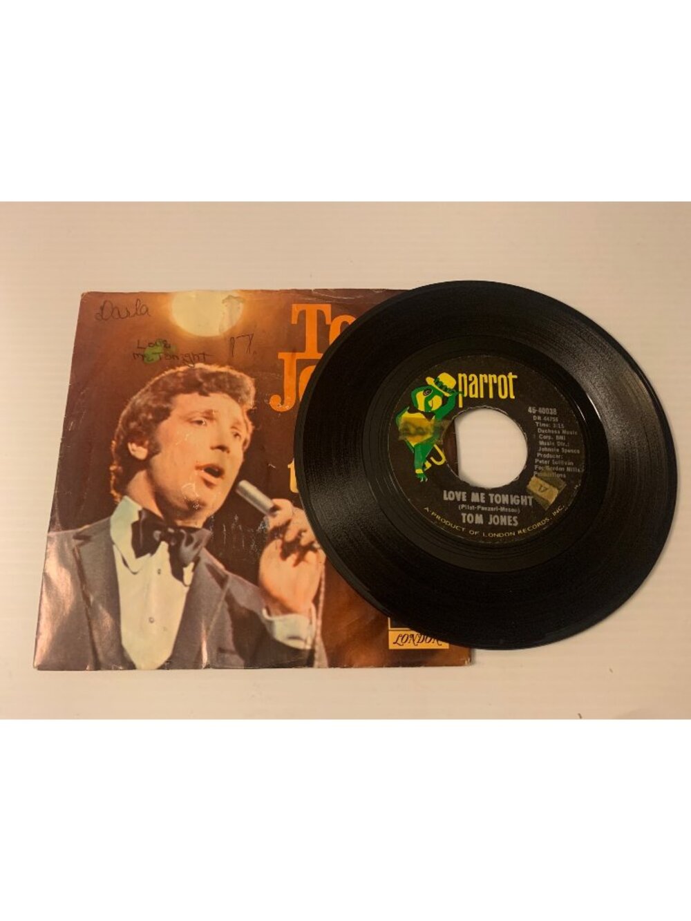 Tom Jones "Love Me Tonight/Hide and Seek" Vinyl 45 RPM Record Sleeve Parrot Labe